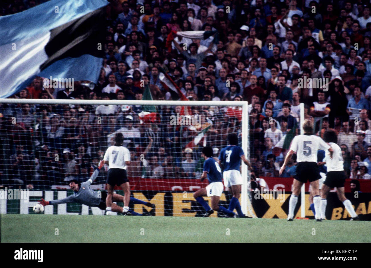 Italy 3 West Germany 1 World Cup 1982 football Final Paul Breitner 3 scores West Germany's only goal Stock Photo