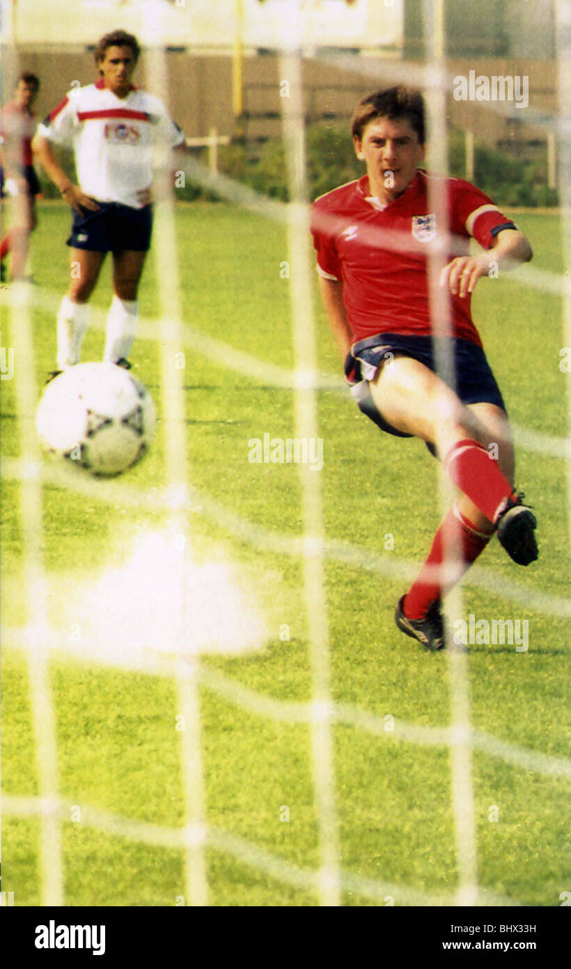 England's Peter Beardsley scores penalty in training session before opening World Cup match against Republic of Ireland May 1990 Stock Photo