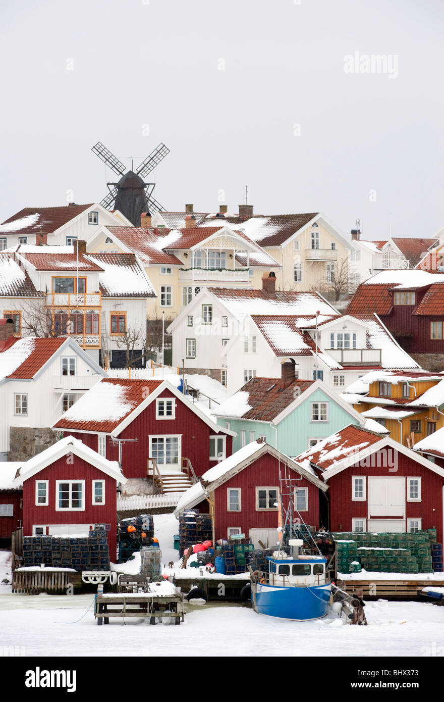 Village of Fiskebackskil during cold winter 2010 on Bohuslan coast in Vastra Gotaland Sweden Stock Photo