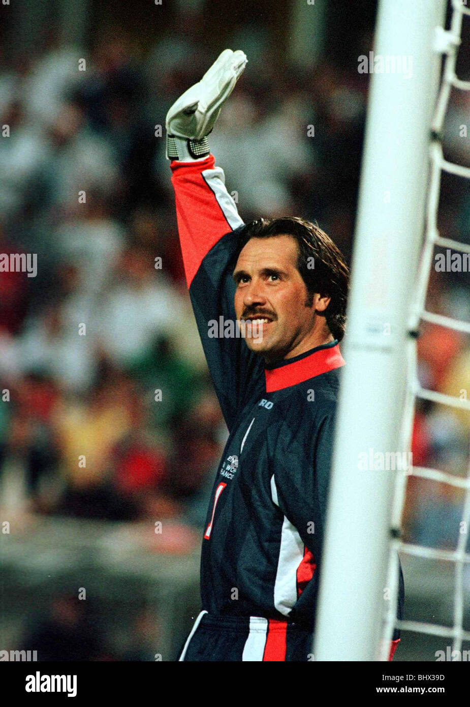 England's goalkeeper David Seaman celebrates after England beat Colombia in Lens June 26. England won their group G match 2-0 and advance to the next round. Stock Photo