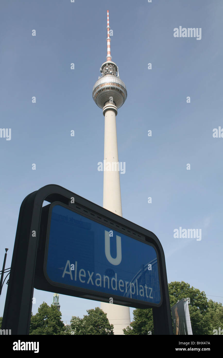 Fernsehturm TV Tower and Alexanderplatz U bahn station entrance Berlin Germany  May 2008 Stock Photo