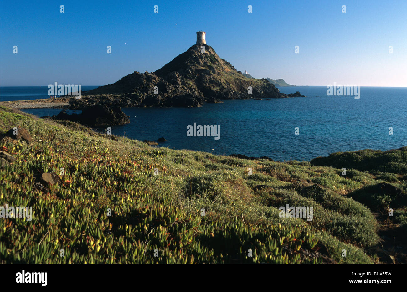 Parata Point or Headland, Pointe de la Parata, with Genoese Tower,and Îles Sanguinaires Islands, near Ajaccio, Corsica, France Stock Photo