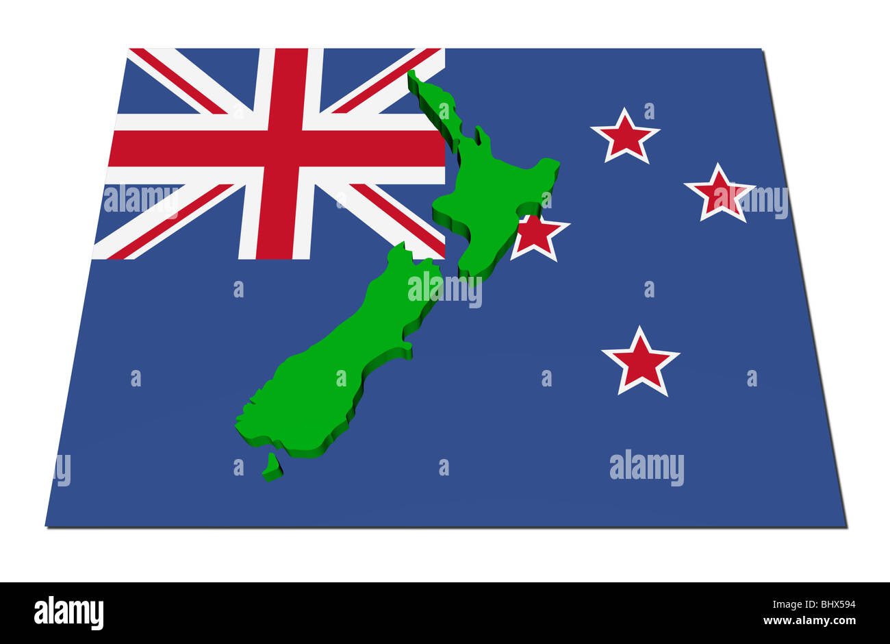 New Zealand 3d render map on their flag illustration Stock Photo