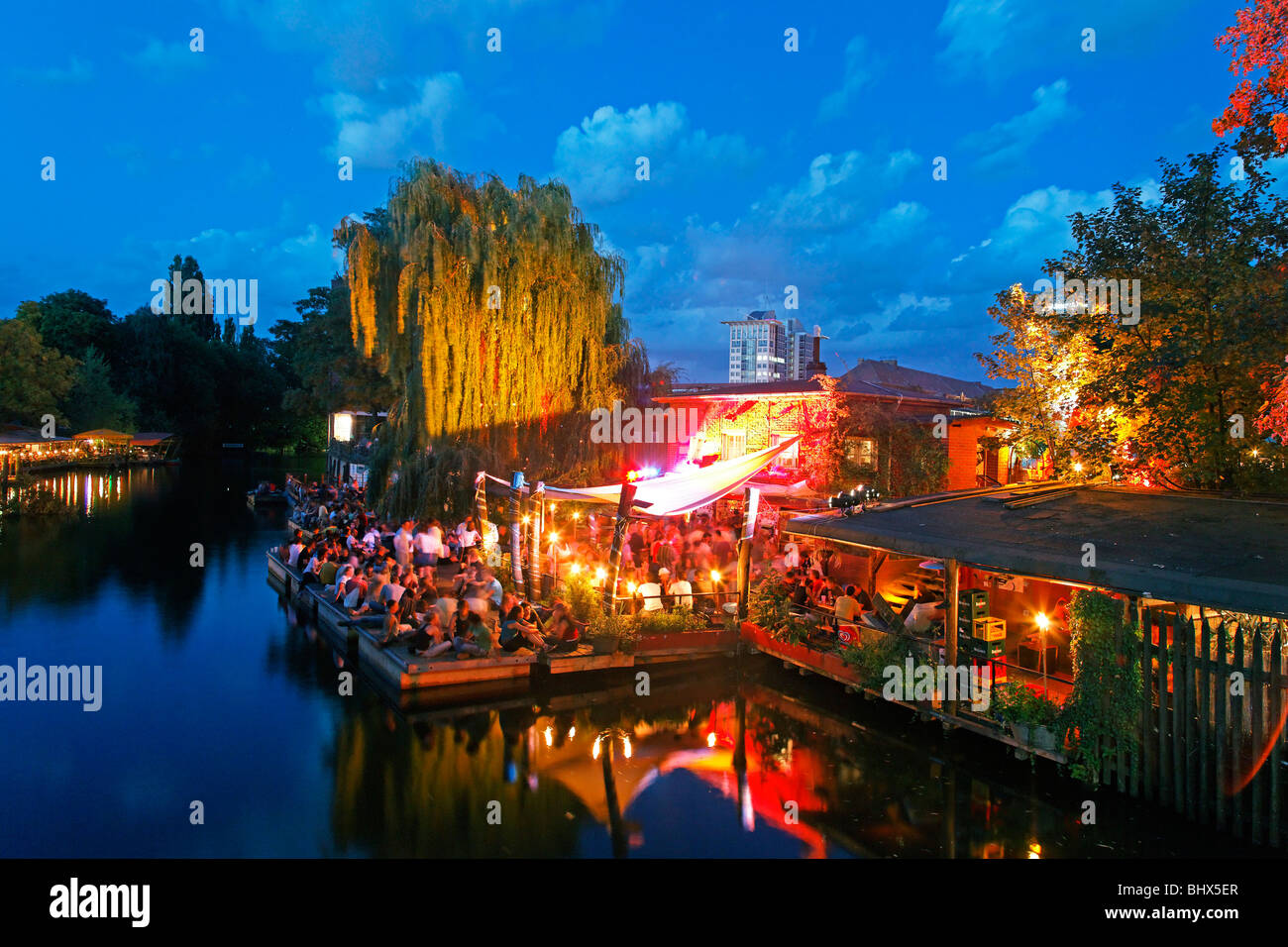 Cafe, Bar, Restaurant Freischwimmer in Kreuzberg in the evening, Berlin Stock Photo