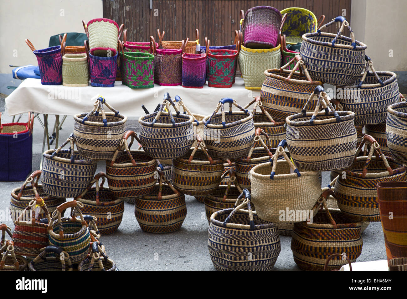 Baskets and bags on the market in Chorges, Hautes Alpes, Provence, France  Stock Photo - Alamy