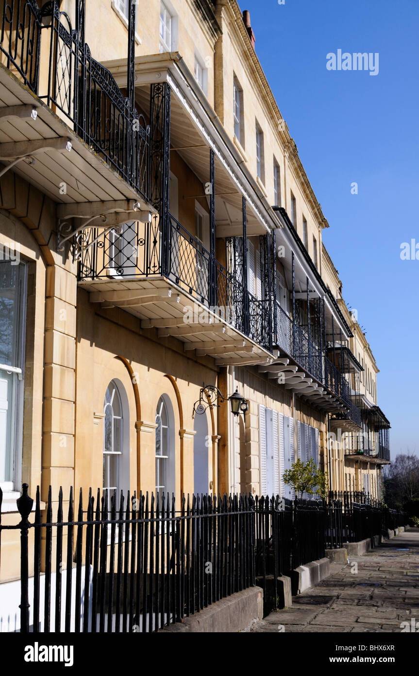 typical British Georgian terraced and verandahed houses in a Bristol street on a fine sunny day Stock Photo