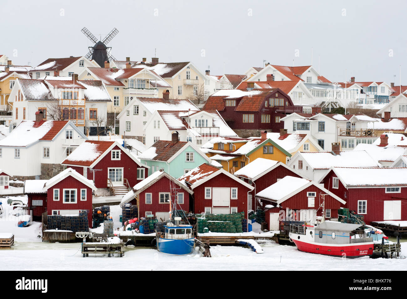 Village of Fiskebackskil during cold winter 2010 on Bohuslan coast in Vastra Gotaland Sweden Stock Photo