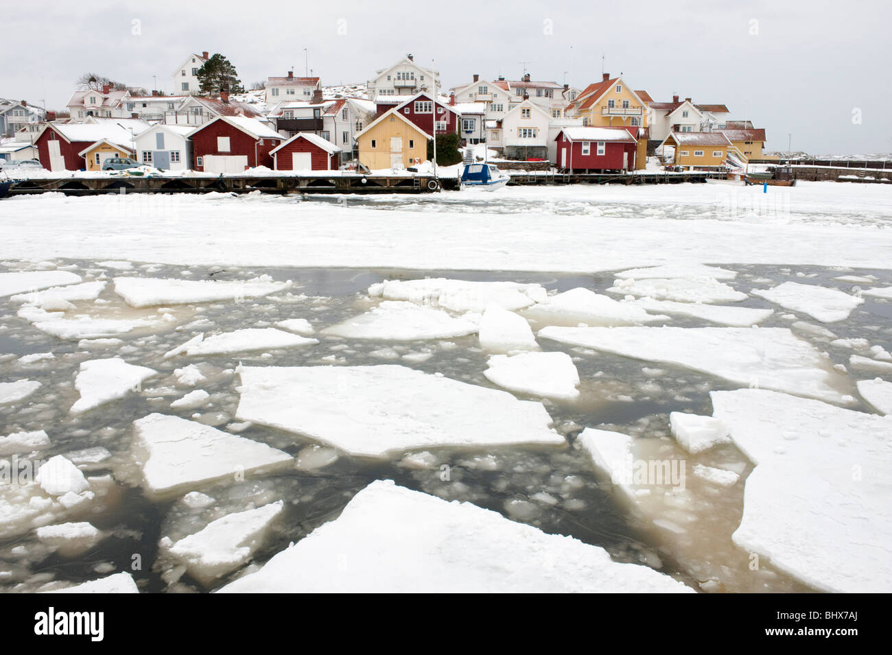 View of traditional village of Grundsund during winter on Bohuslan coast in Sweden Stock Photo