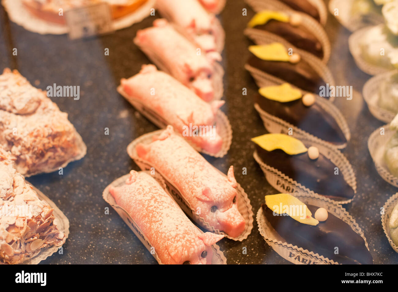 French confections for sale at a patisserie in Paris, France. Stock Photo