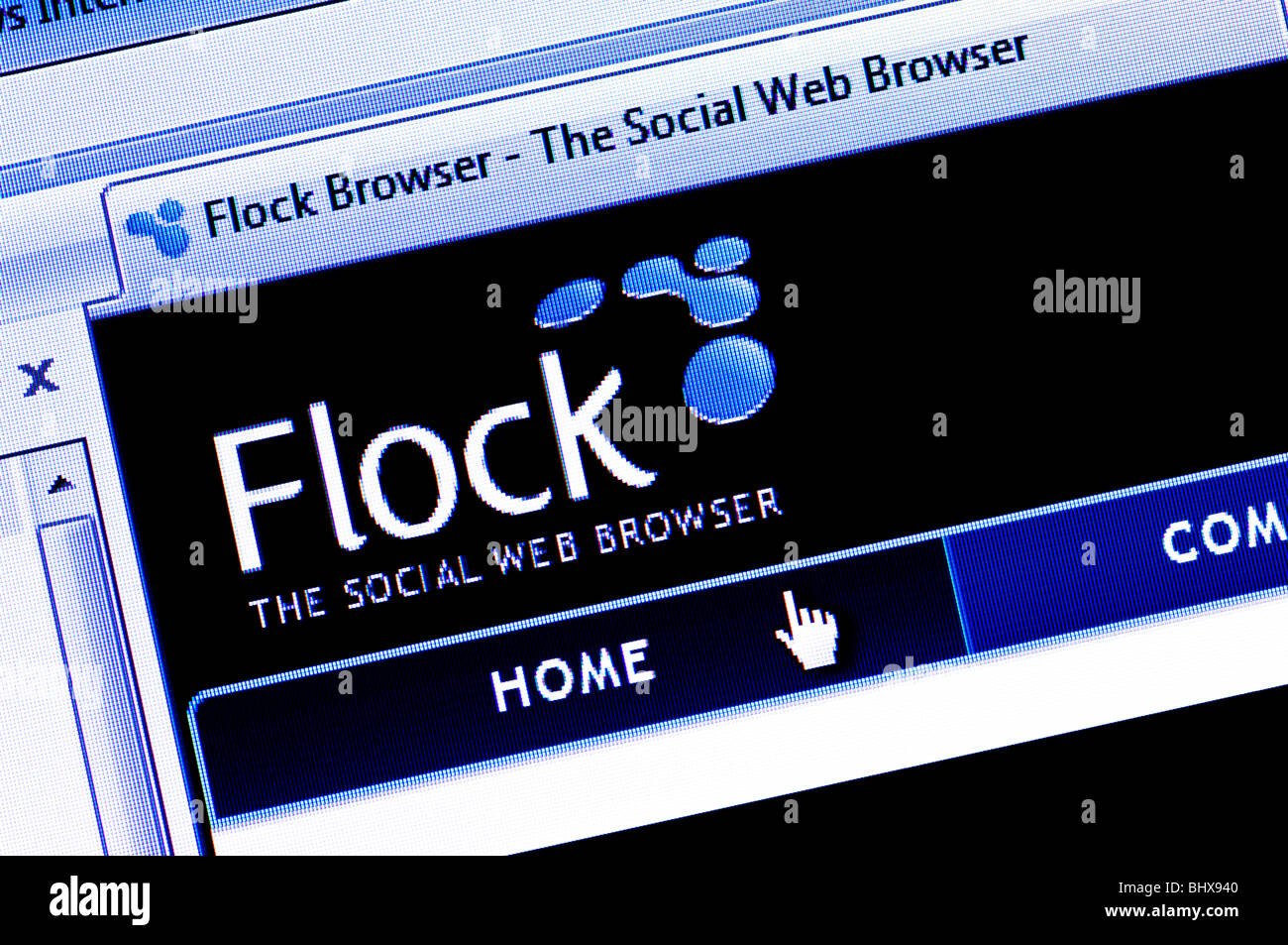 Macro screenshot of the Flock web browser website. Editorial use only. Stock Photo