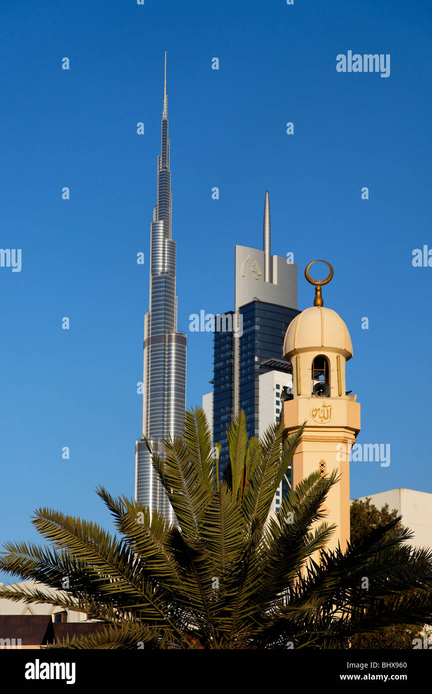 Burj Khalifa, highest Skycraper in the World, 828 meter, 2625 feet, Burj Dubai,Mosque in front, Dubai United Arab Emirates  Stock Photo