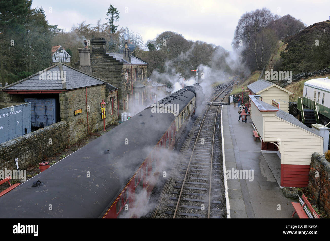 Steam locomotive 45212 arriving at Goathland Station on the North Yorkshire Moors Railway Stock Photo