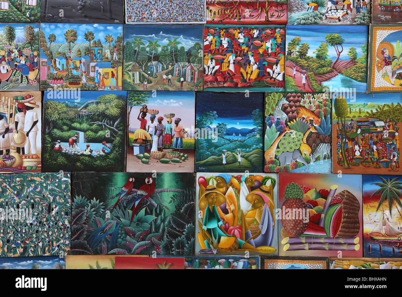 collage of paintings for sale, Port au Prince, Haiti Stock Photo