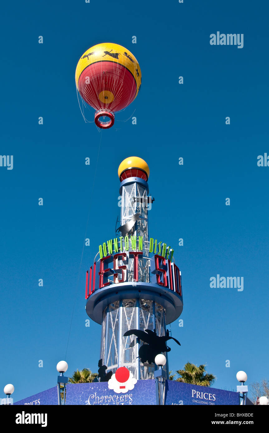 Downtown Disney West Side tower with yellow hot air balloon behind