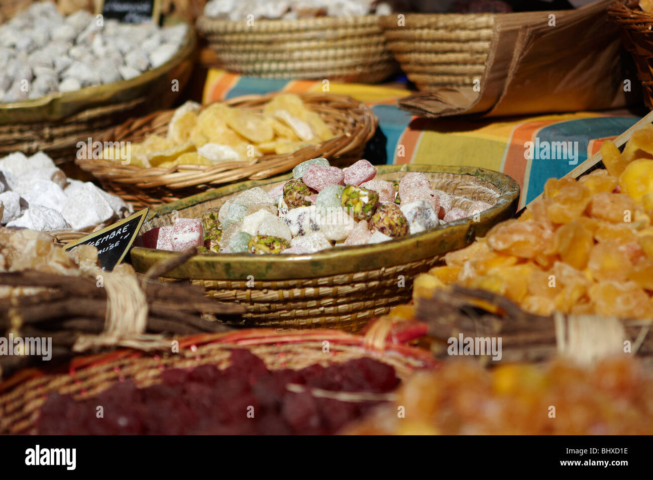 Glace fruits at a market in Beaune, France Stock Photo