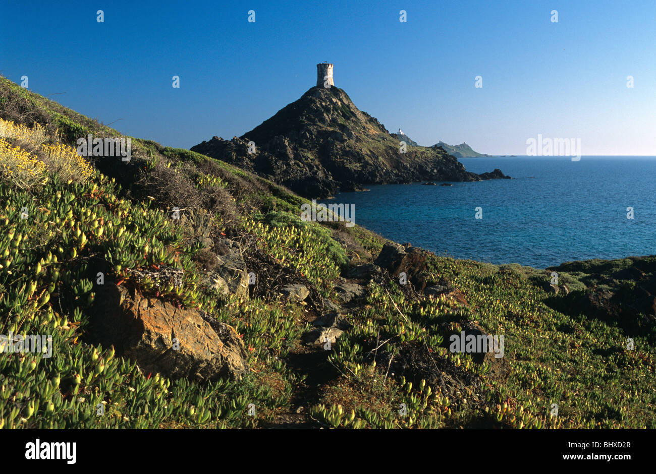 Parata Point or Headland, Pointe de la Parata, & Genoese Tower, & Îles Sanguinaires Islands, near Ajaccio, Corsica, France Stock Photo