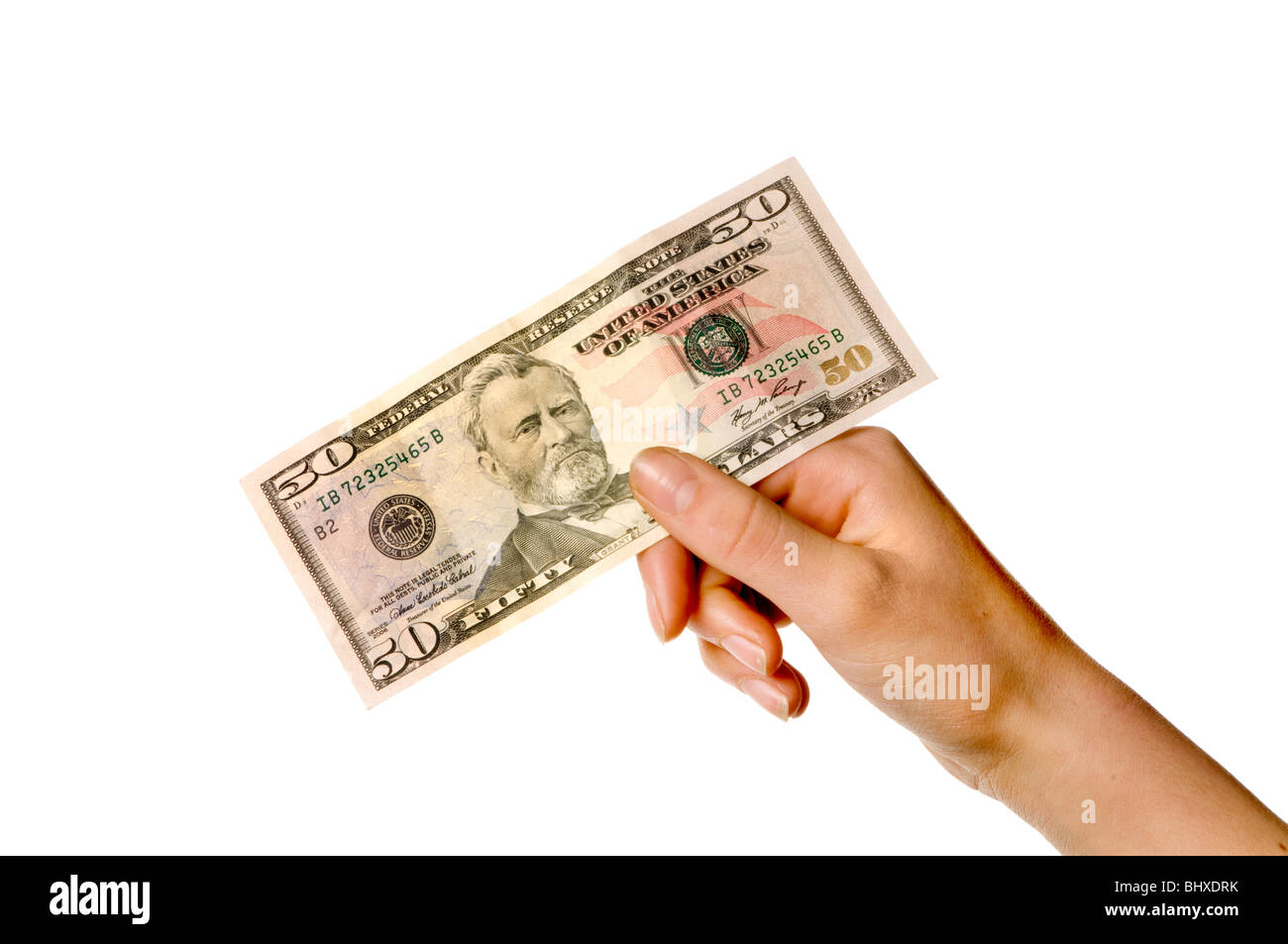 hand holding close up of fifty 50 dollar bill Stock Photo