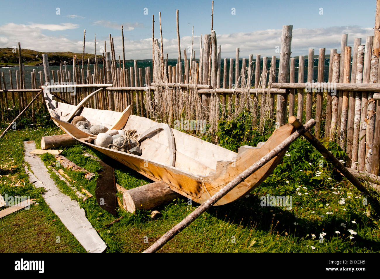 NEWFOUNDLAND, Viking Site, L'ANSE Aux MEADOWS Dug out Viking boats near sod huts. Unesco World Heritage Site Stock Photo