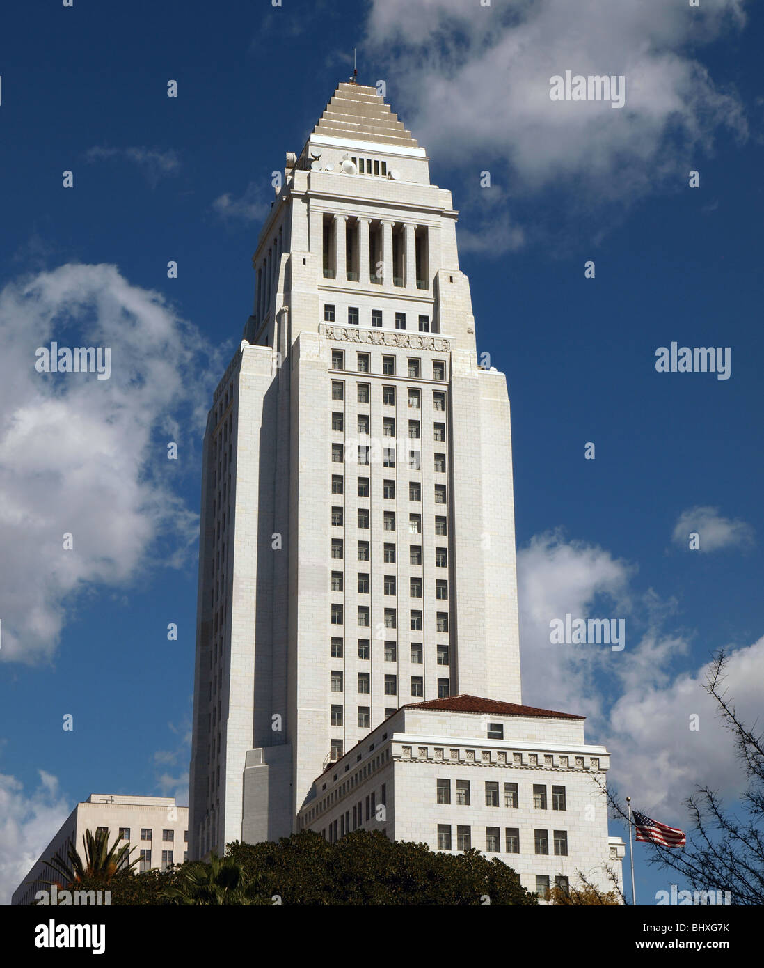 Historic Los Angeles City Hall with a partly cloudy sky. Stock Photo