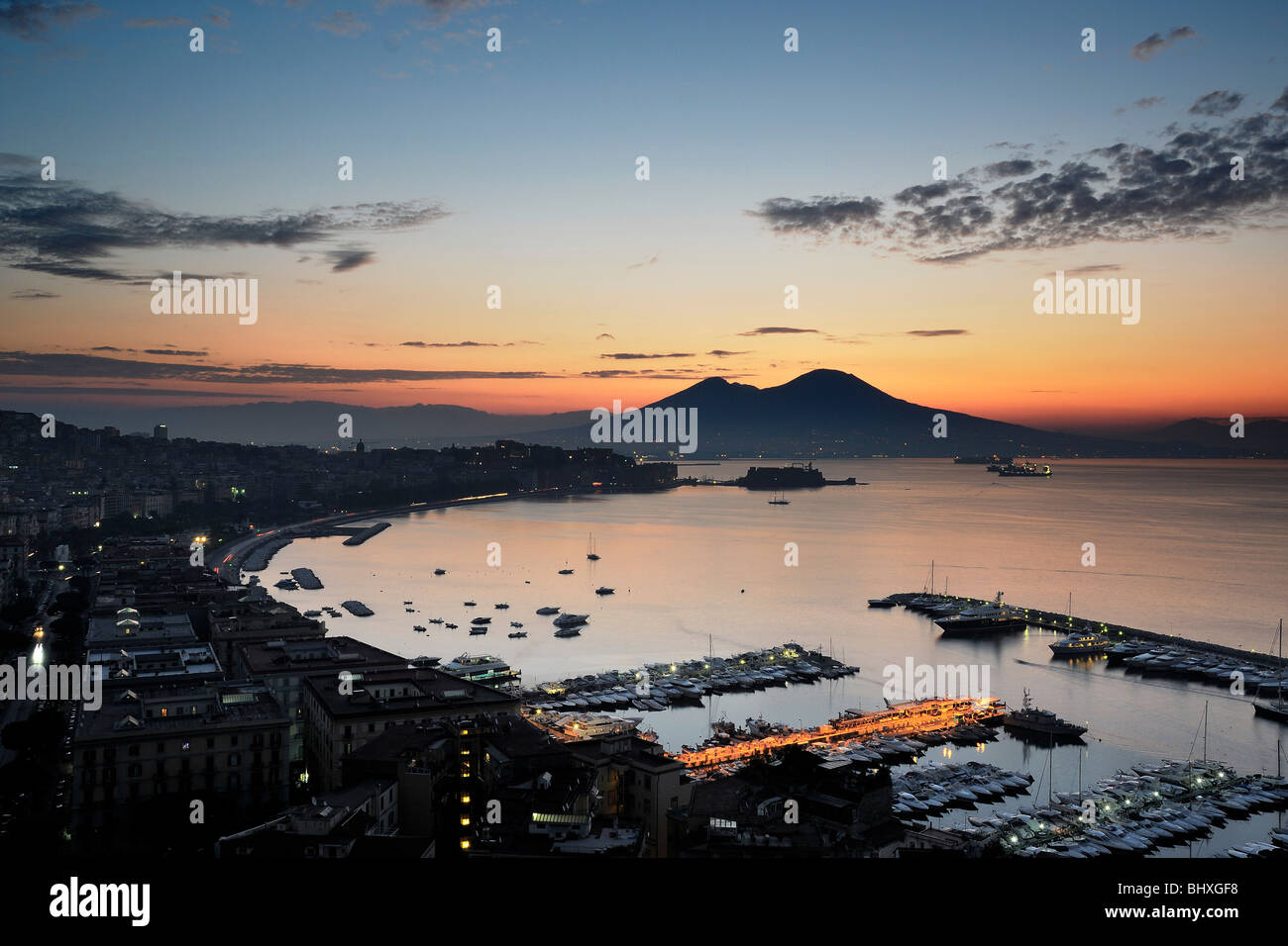 Bay of Naples and the Vesuvius at dawn seen from the viewing-point of St. Antonio in Posillipo Stock Photo