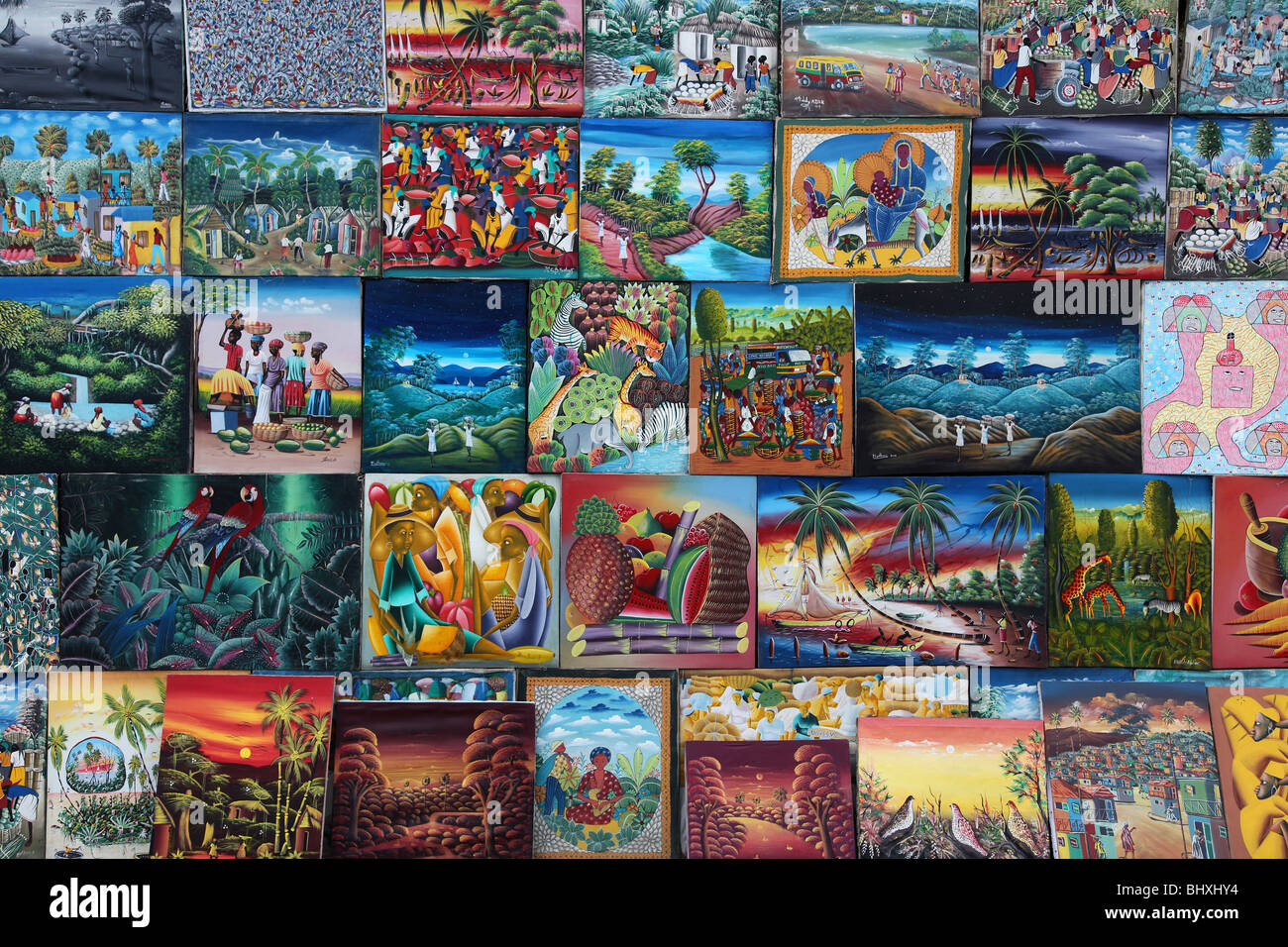 Collage of paintings for sale, Port au Prince, Haiti Stock Photo