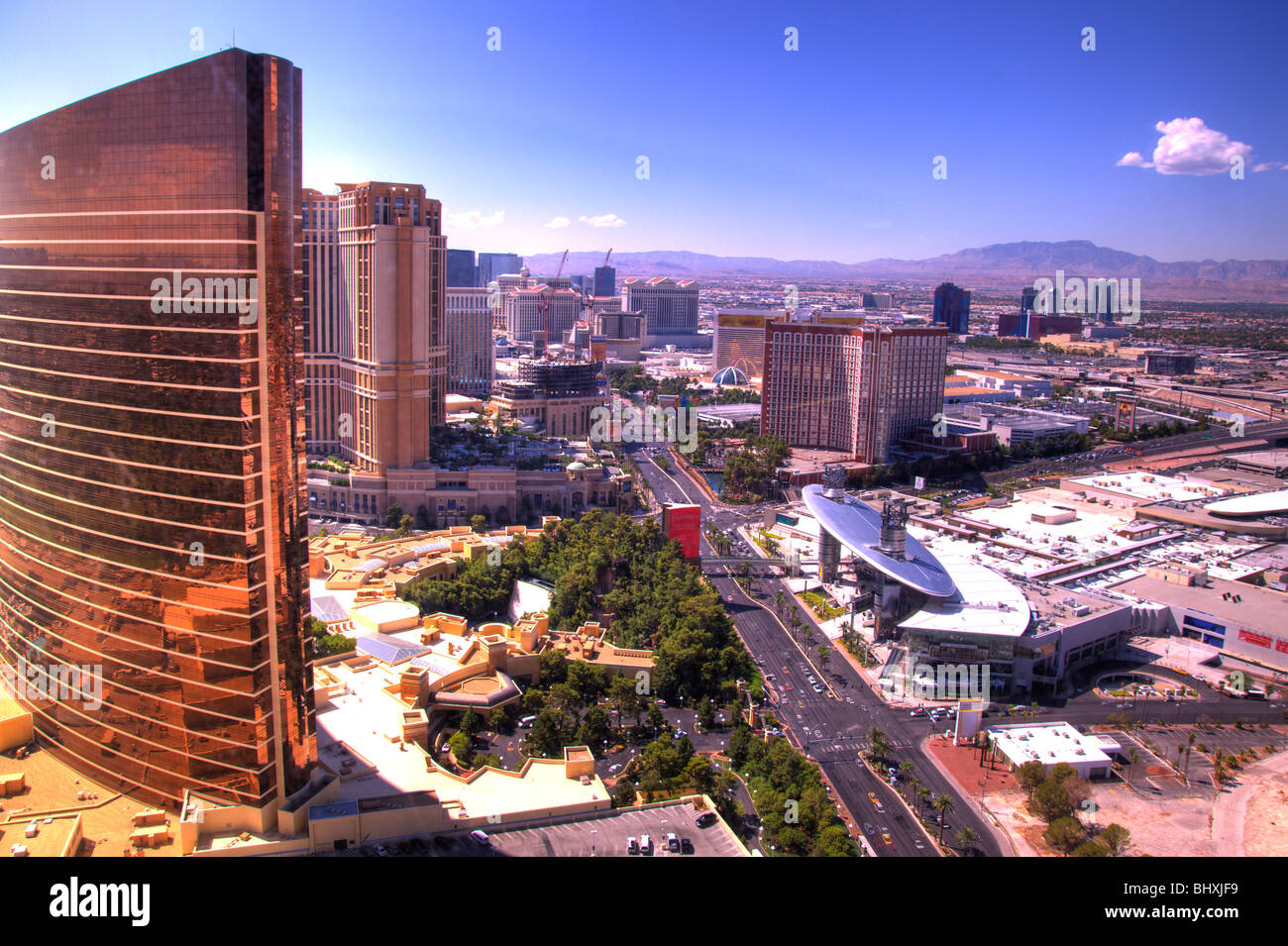 Deliberately tonemapped shot of Las Vegas Strip, from North, looking South. Logos have been removed. Stock Photo