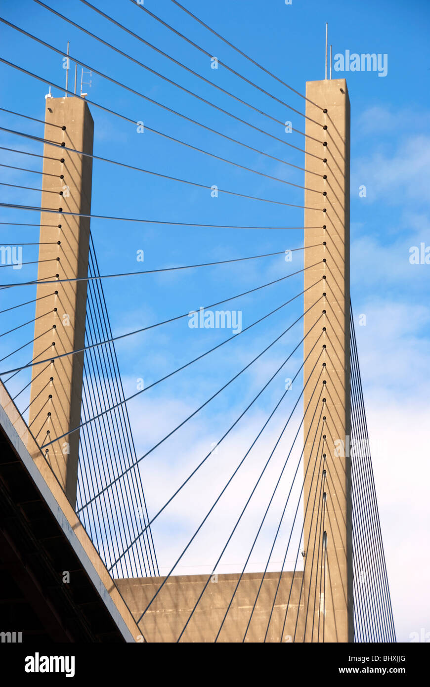 Symmetric patterns and shapes of a suspension bridge. Stock Photo