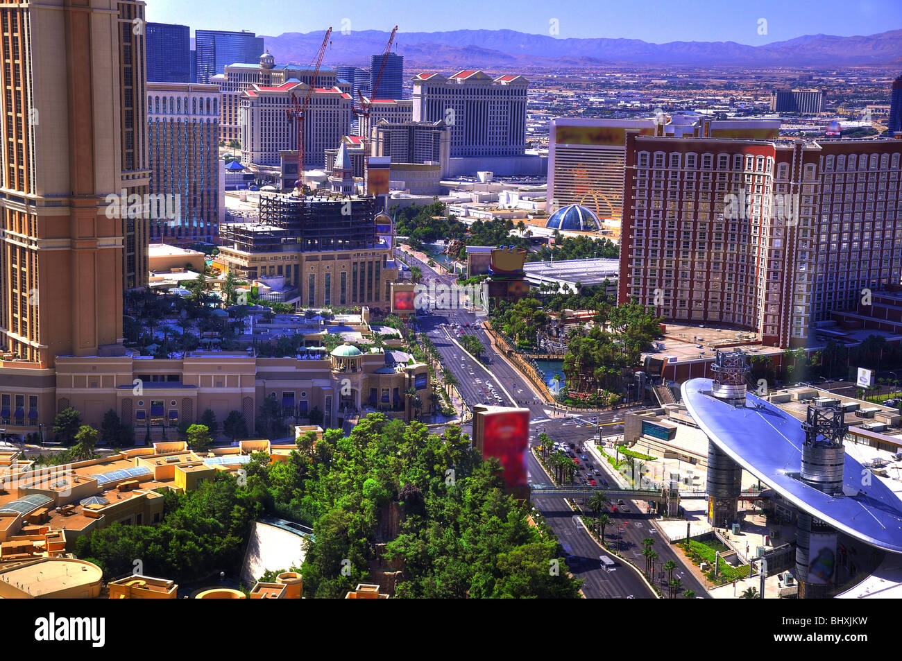 Deliberately tonemapped shot of Las Vegas Strip from the North, facing South. Logos have been removed. Stock Photo