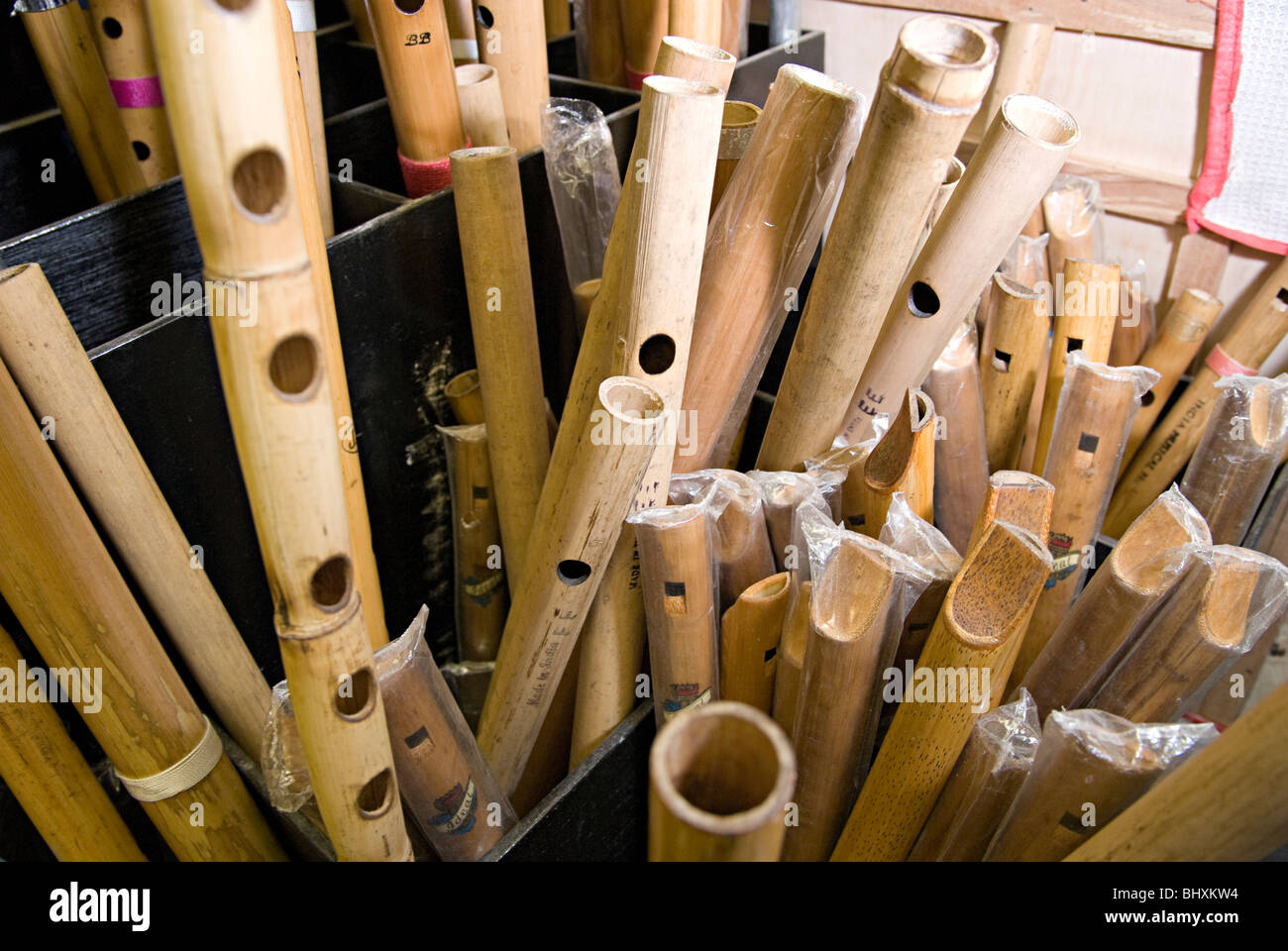 indian flutes for sale on a music shop in southall london Stock Photo