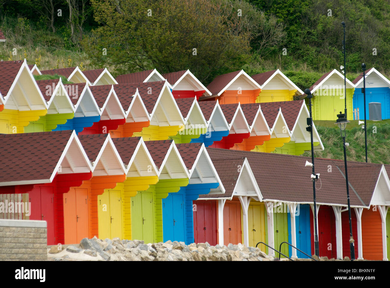 Beach huts scarborough Yorkshire Stock Photo