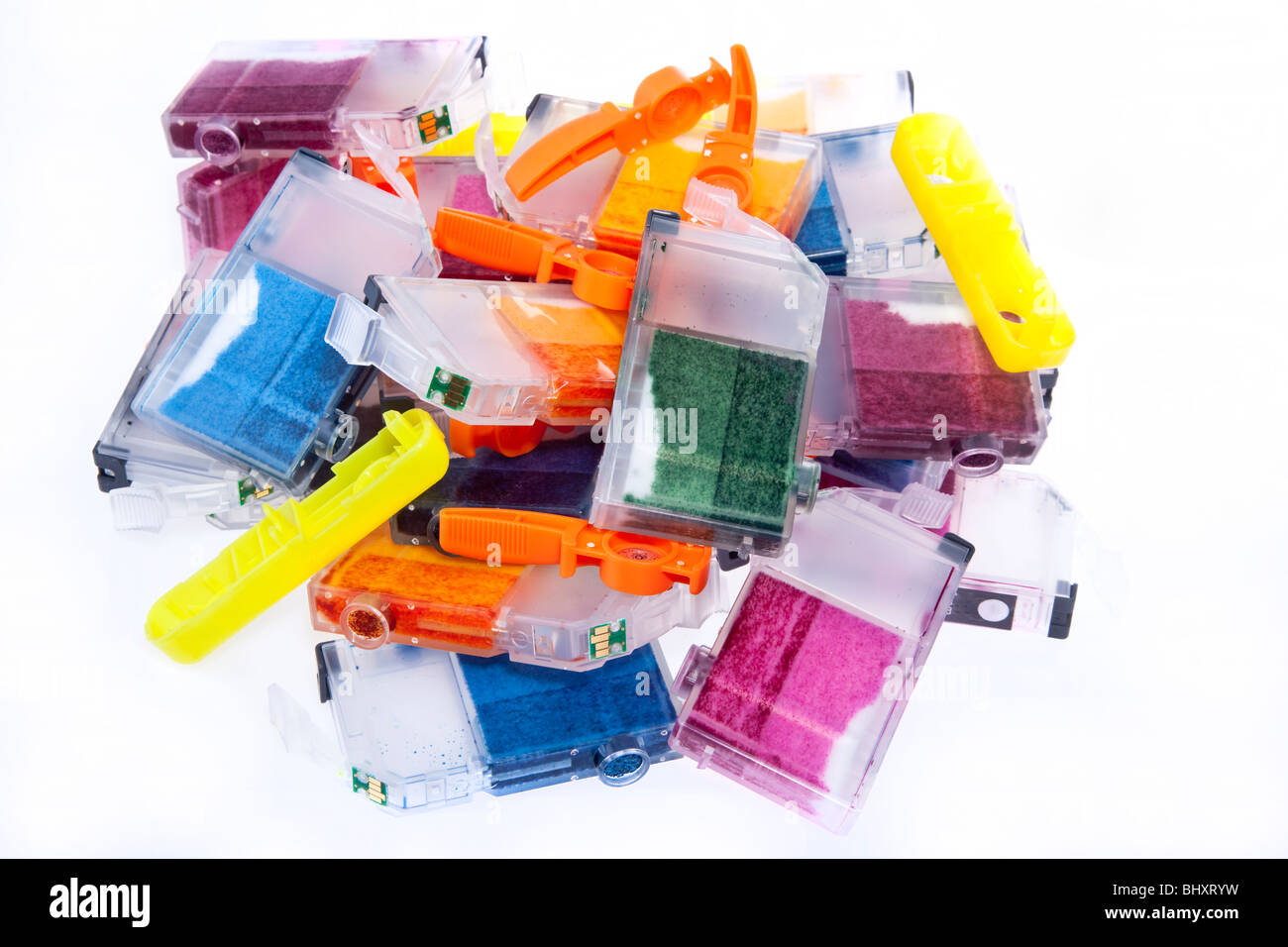 Colorful Ink Jet Printer Cartridges ready for recycling Stock Photo