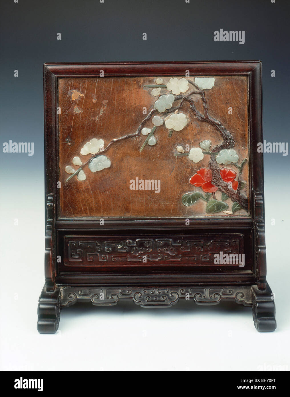 Lacquer plaque in carved wood table screen, Qing dynasty, China, 17th century. Artist: Unknown Stock Photo