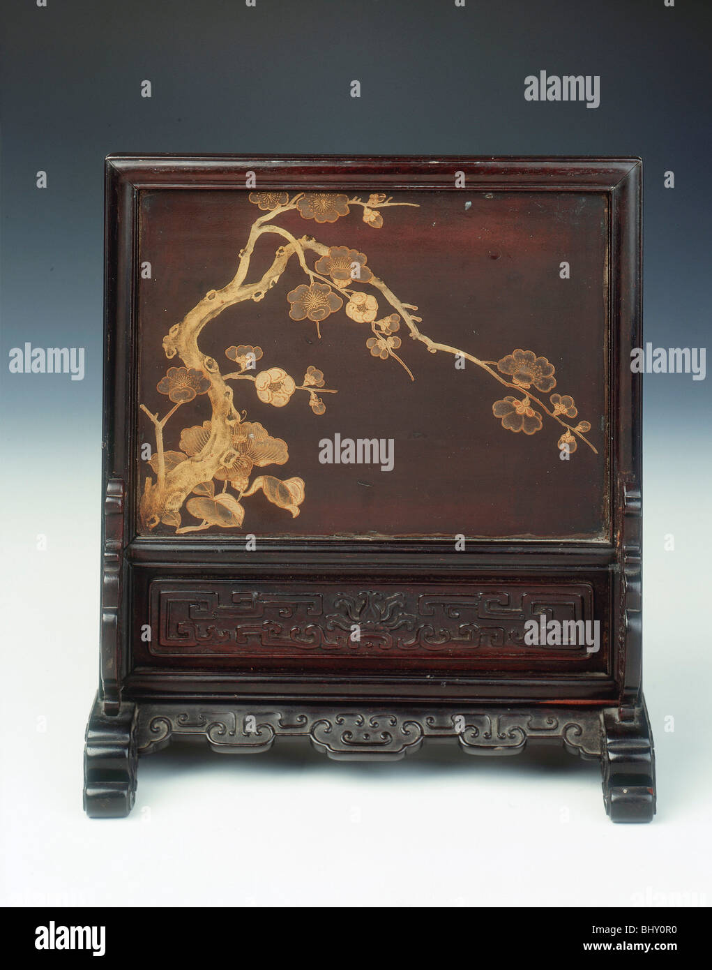 Lacquer plaque in carved wood table screen, Qing dynasty, China, 17th century. Artist: Unknown Stock Photo