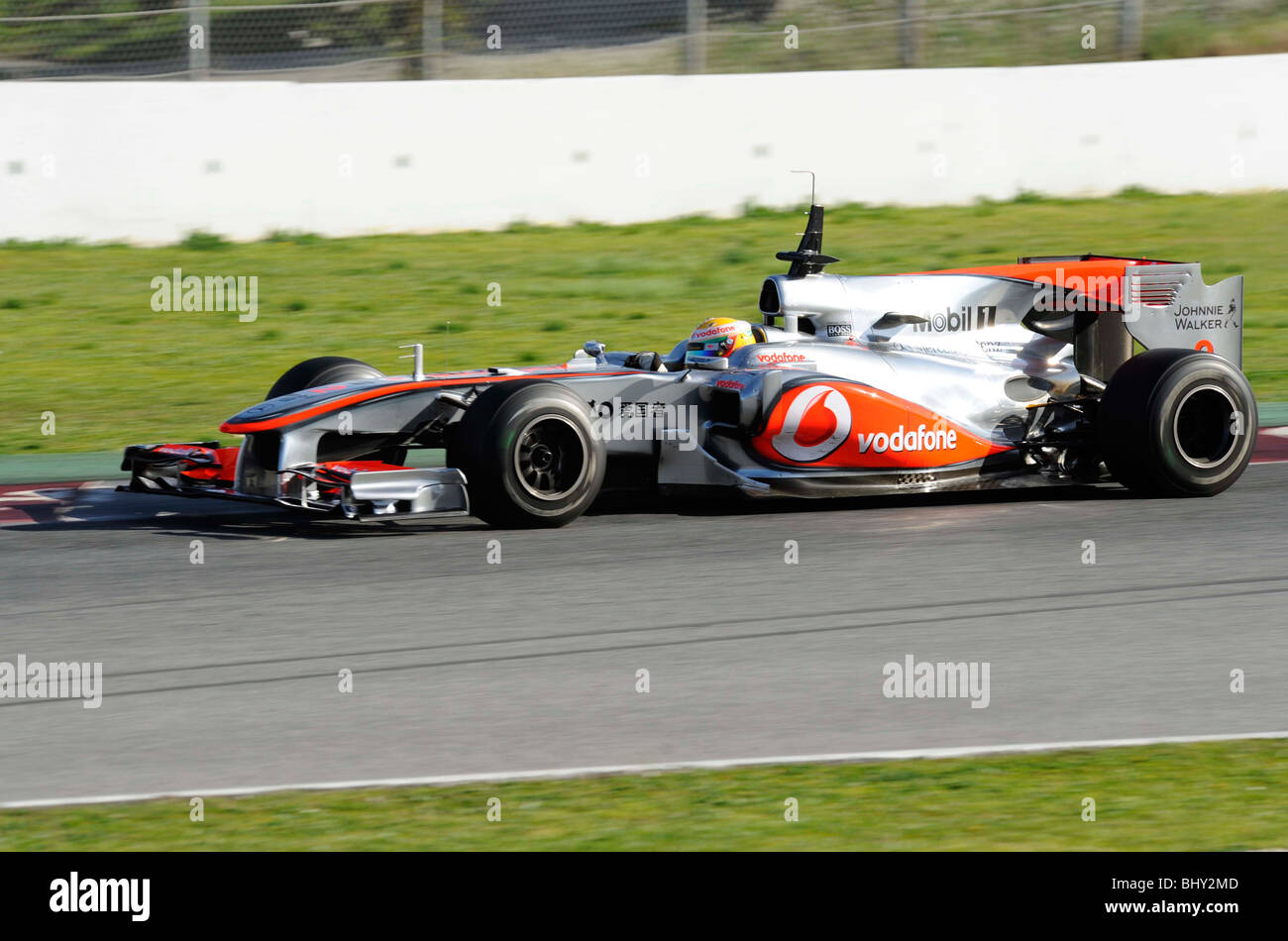 Lewis Hamilton driving for the McLaren–Mercedes team during testing at the Circuit de Catalunya, Montmelo, Spain 2010 Stock Photo