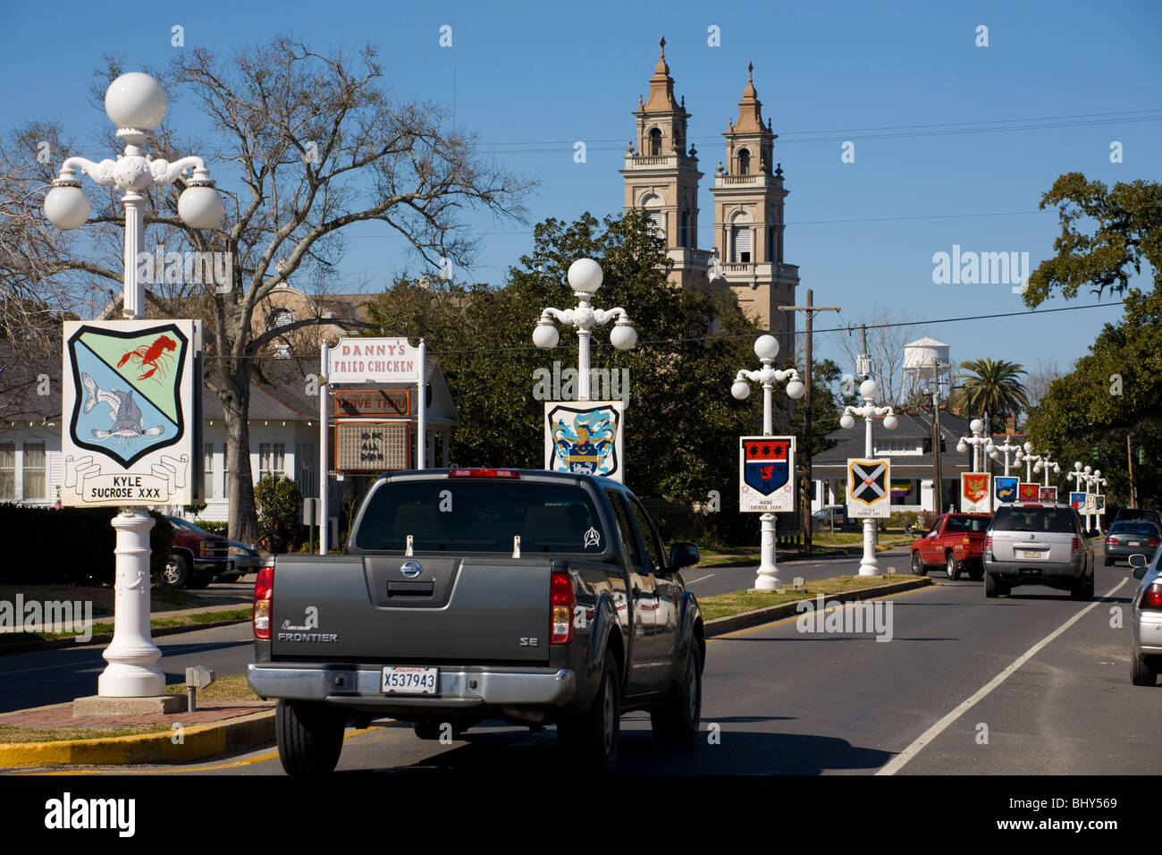 Historic lampposts line Main Street of Franklin, Louisiana Stock Photo