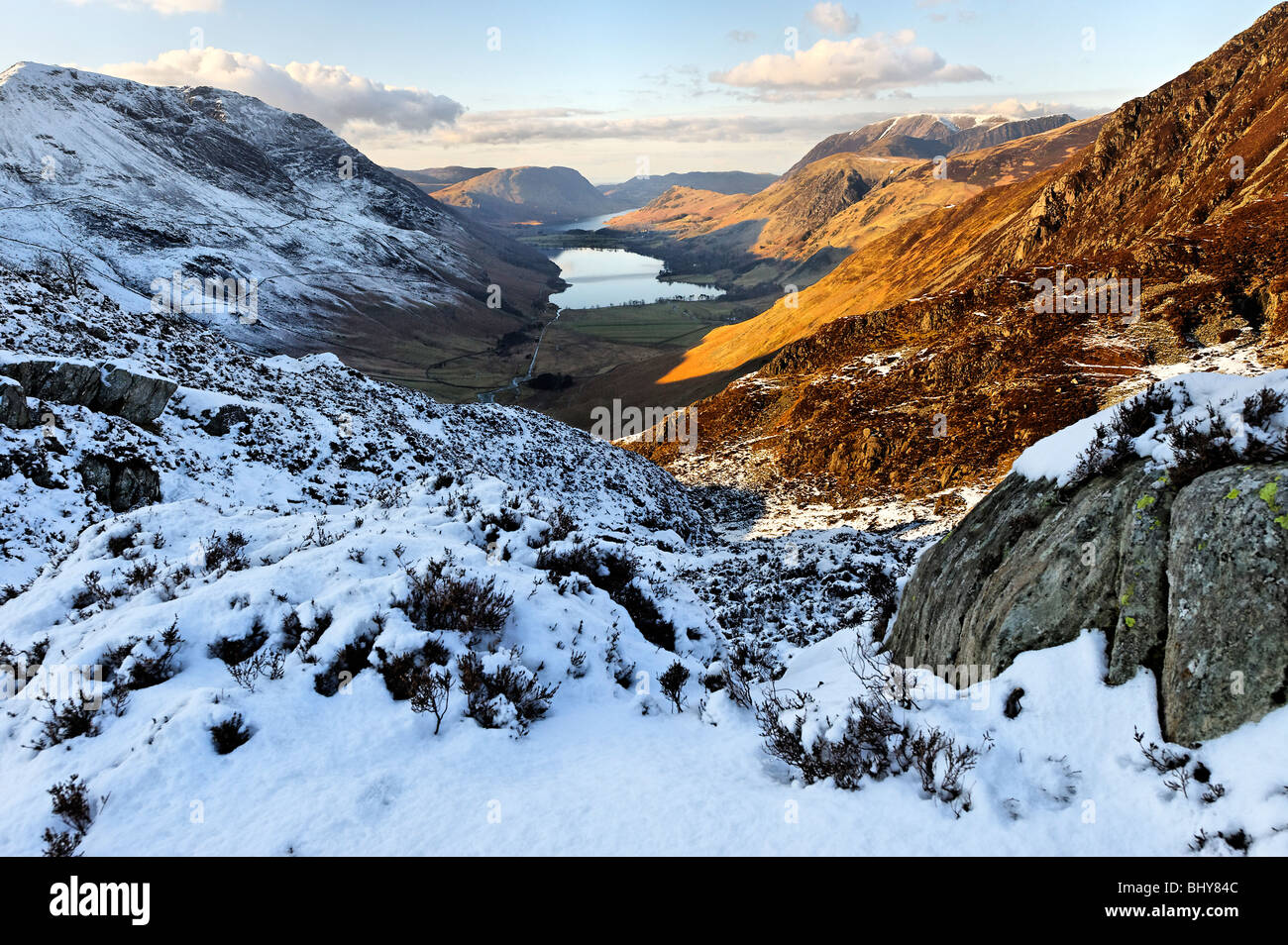 A winter view from Fleetwith looking down towards Buttermere and Crummock Water beyond Stock Photo