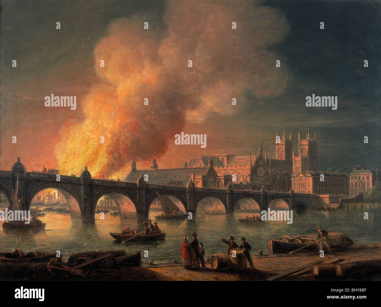 'Westminster Bridge and the Burning of the Houses of Parliament from Lambeth', 1835. Artist: Thomas Luny Stock Photo