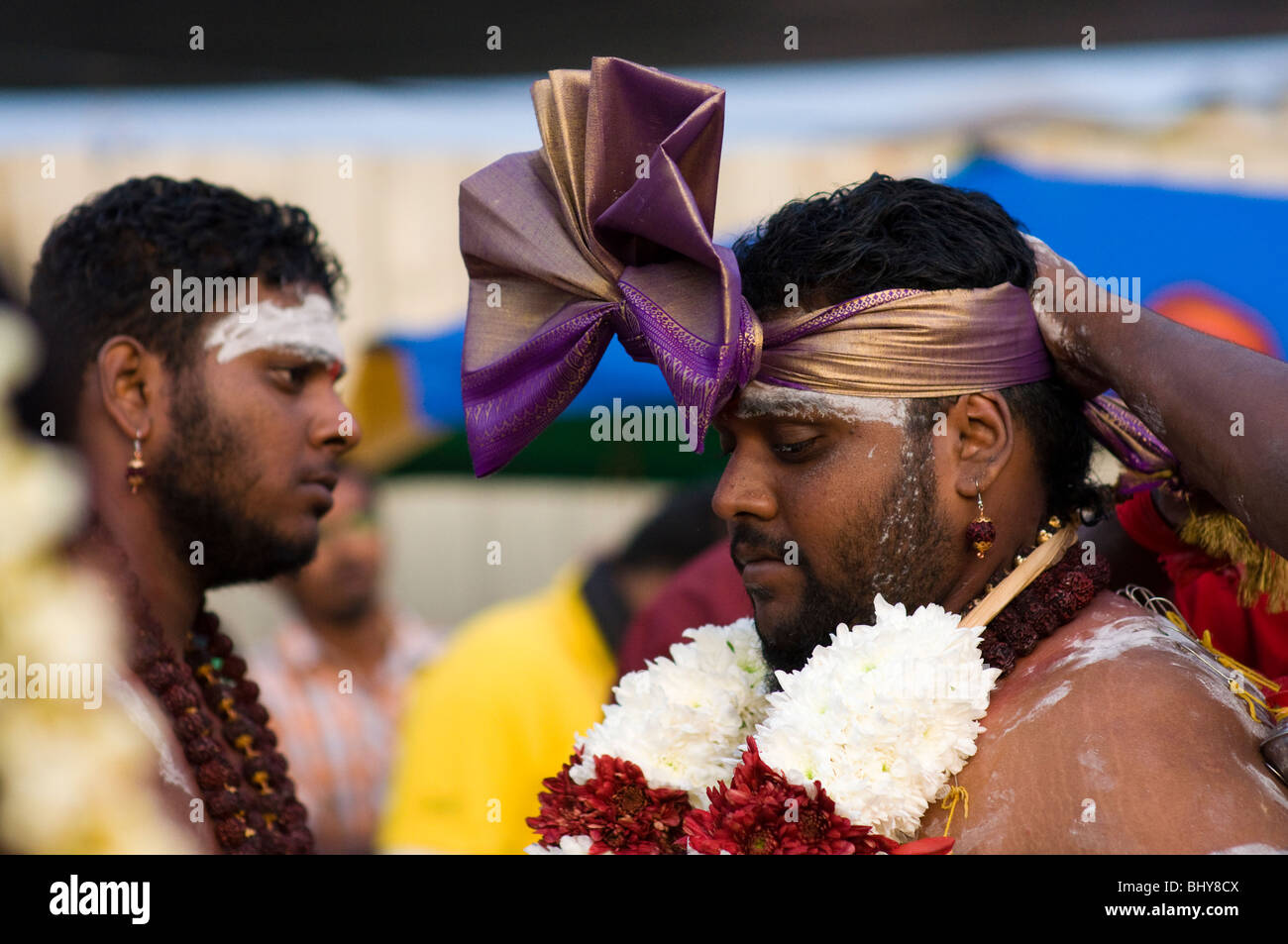 Pilgrims at thaipusam Malaysia 2010 being posessed ,Thaipusam is a Hindu festival celebrated mostly by the Tamil community. Stock Photo