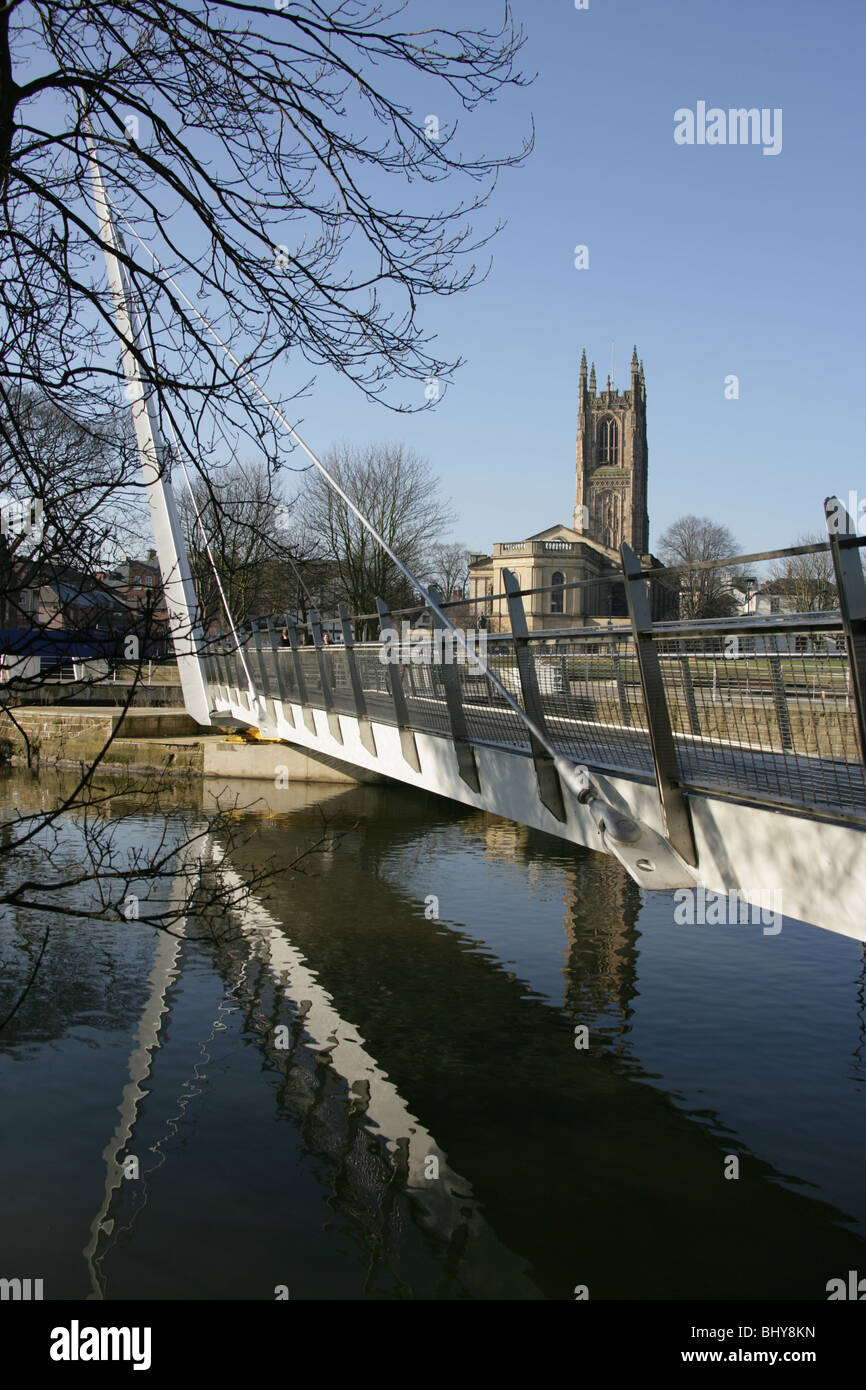 City of Derby, England. Swing bridge over the River Derwent with, Derby Cathedral, and Cathedral Green in the background. Stock Photo