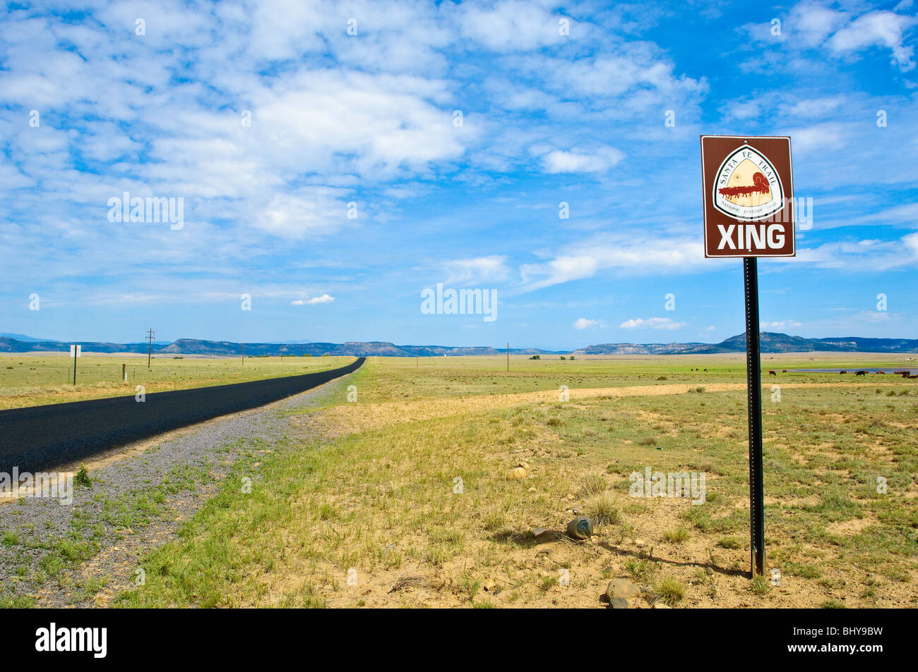 Santa Fe Trail highway sign New Mexico, USA. Stock Photo