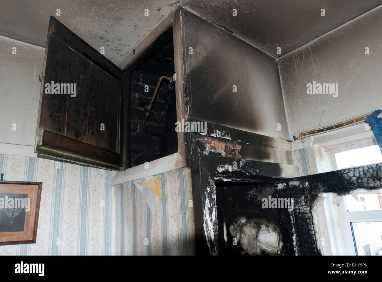 Bedroom airing cupboard fire following fault on heater thermostat Stock  Photo - Alamy