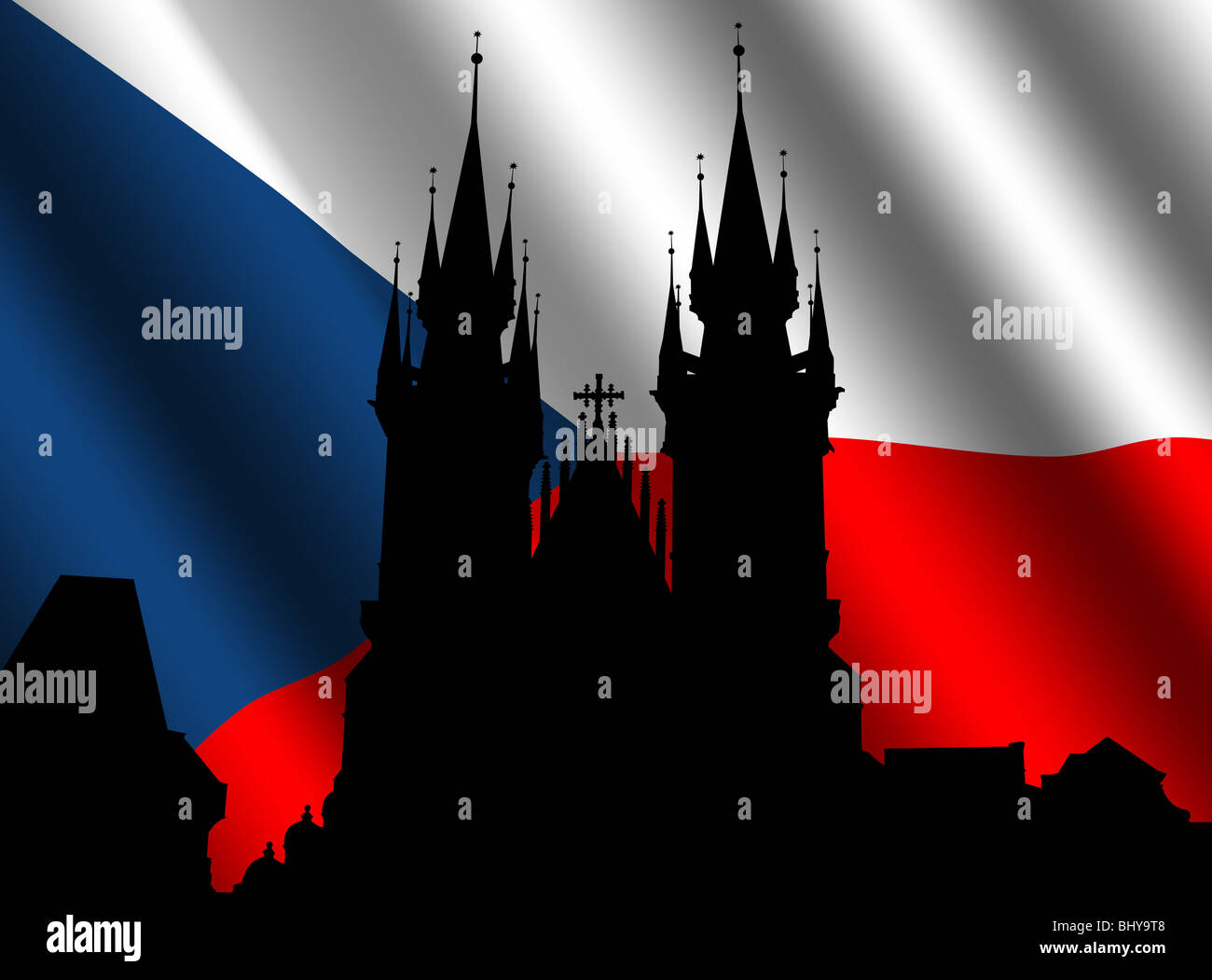 Tyn Church Prague with rippled flag of Czech Republic illustration Stock Photo