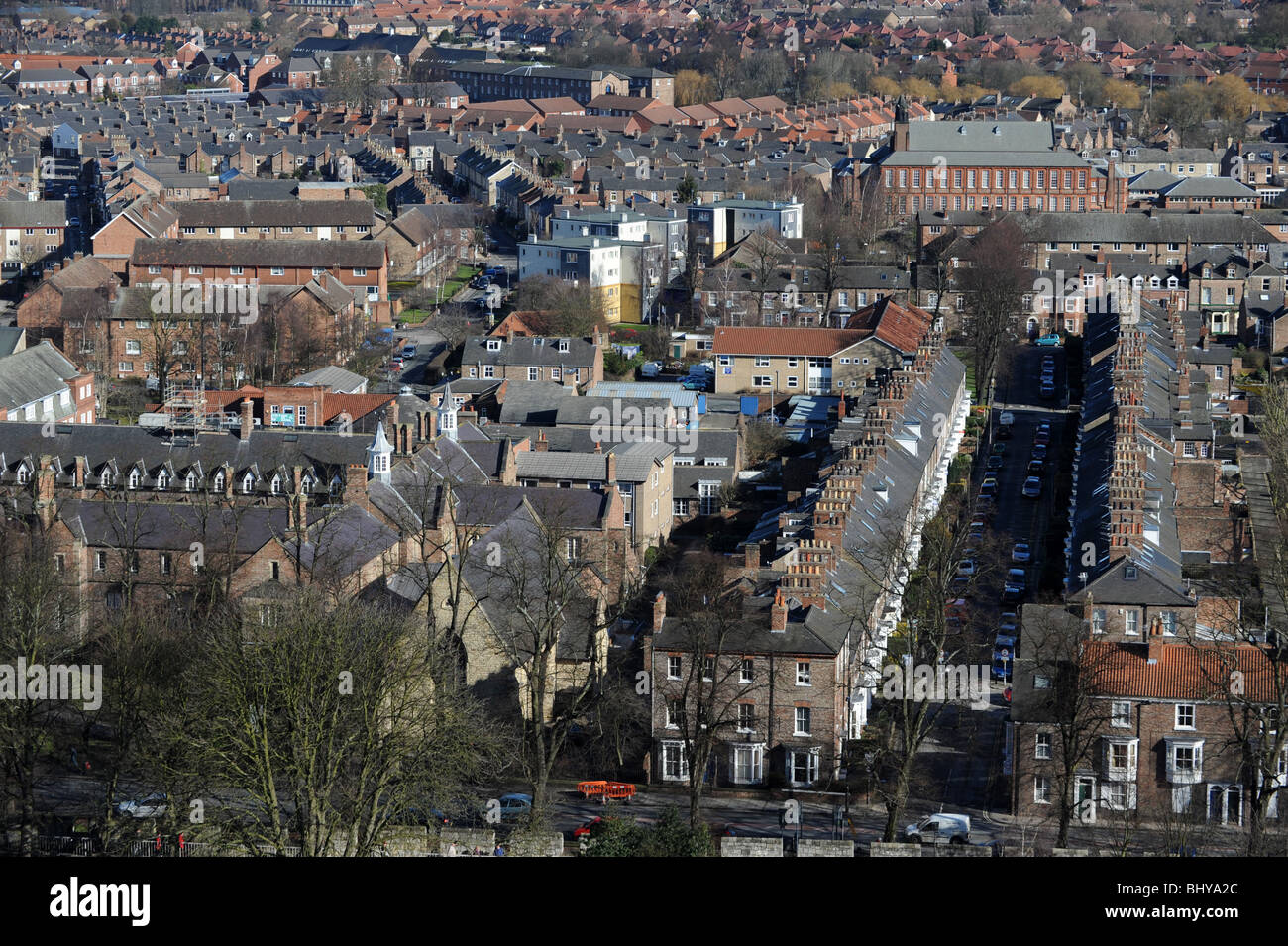 Aerial view of old and new houses in York in North Yorkshire England Uk