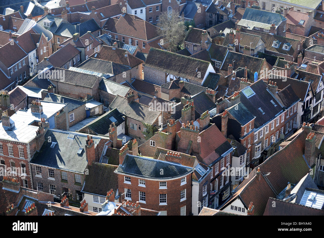 Aerial view of chimney pots and roof tops in York in North Yorkshire England Uk Stock Photo