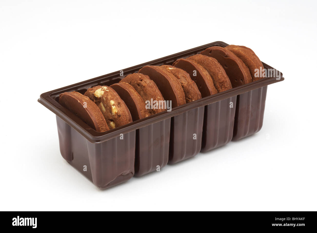 belgian chocolate chip cookies in plastic packaging tray Stock Photo