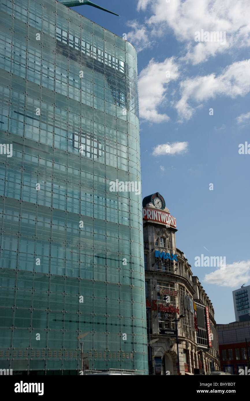 The Urbis Exhibition Centre and the Printworks Building in Cathedral Gardens in Manchester Stock Photo