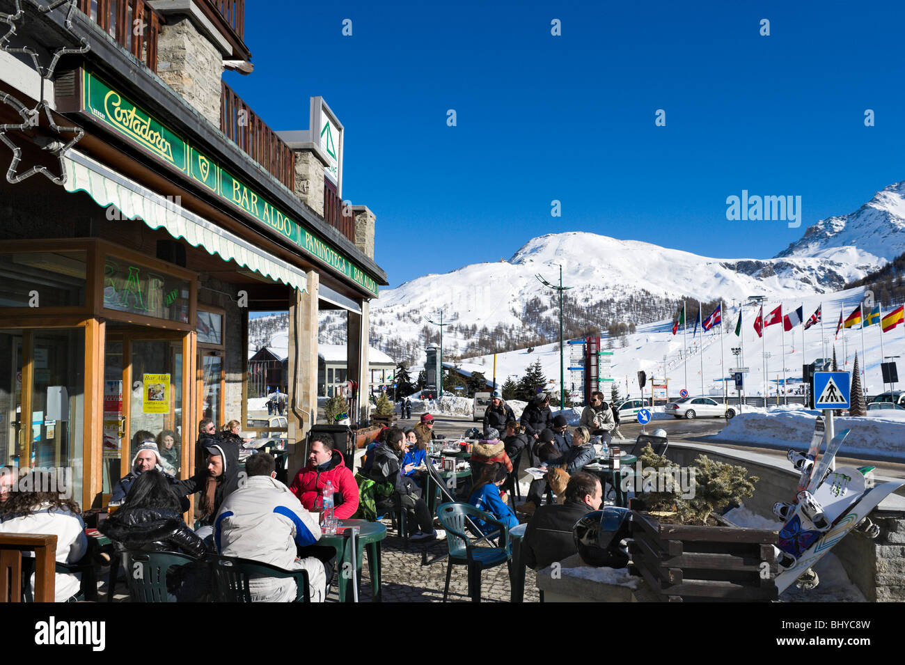 Bar in the town centre, Sestriere, Milky Way ski area, Italy Stock Photo