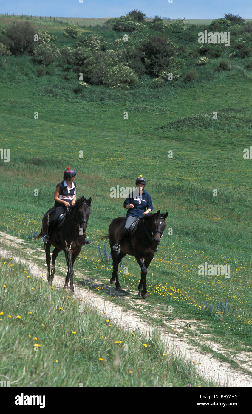 Horse Riders on Castle Hill National Nature Reserve East Sussex England Stock Photo