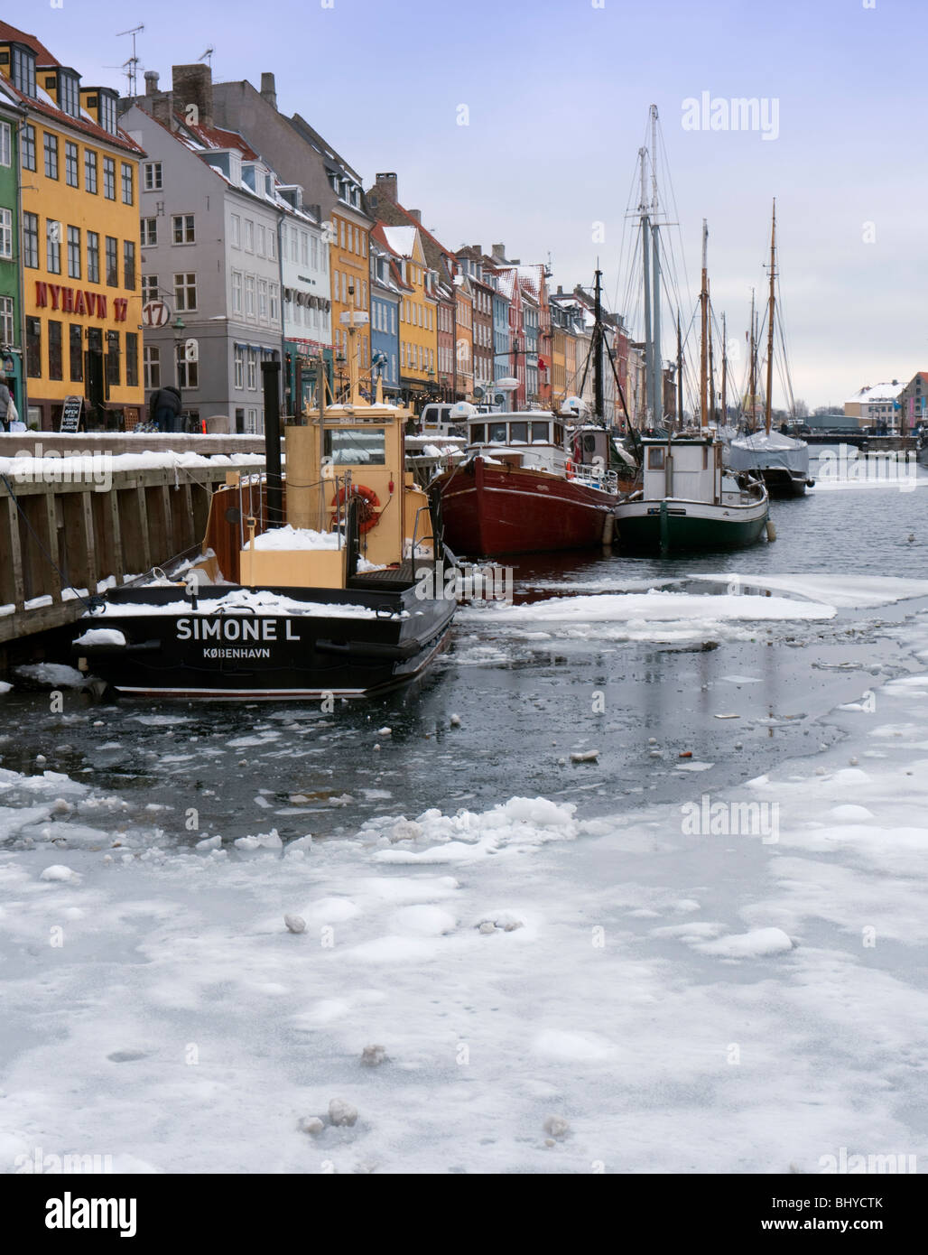 Winter view of famous Nyhavn harbour area in Copenhagen Denmark Stock Photo