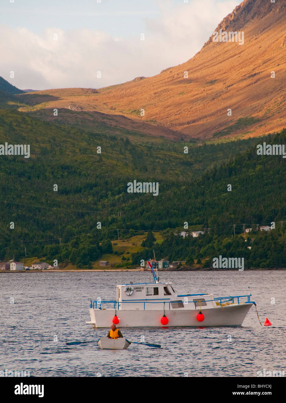 NEWFOUNDLAND, Man rowing toward fishing boat in Bonnie Bay. Gros Morne National Park and Tablelands Mountains. Stock Photo